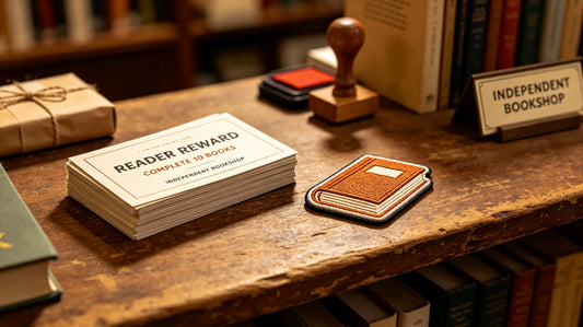 3D embroidered closed-book badge placed beside English reading reward cards on bookstore counter.