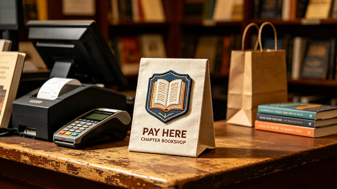 3D embroidered bookstore badge attached to a fabric counter sign holder at busy checkout desk.