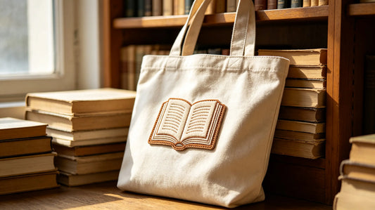 Thick 3D embroidered bookstore badge sewn onto canvas tote bag inside sunlit reading nook.