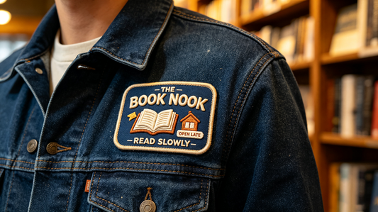 Close‑up of custom bookstore 3D embroidered patch sewn onto dark denim jacket, soft bookstore lighting