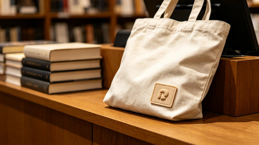 Canvas bookstore tote bag resting on independent bookstore counter, custom 3D foam raised embroidered patch sewn on bag front corner