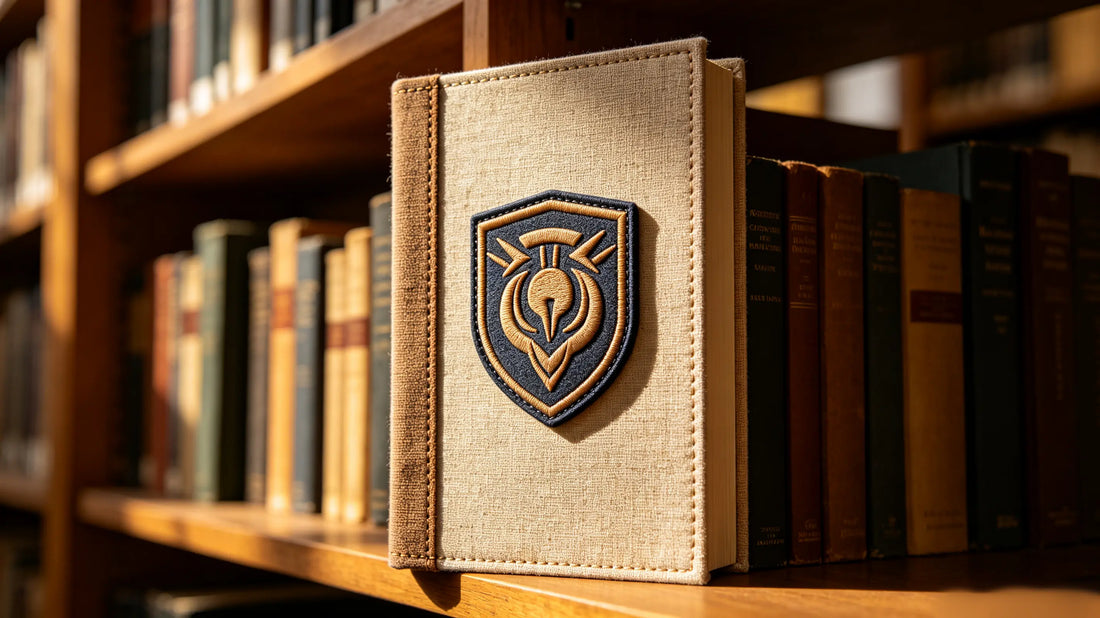 Heavy fabric‑wrapped canvas book divider, custom 3D foam embroidered patch sewn on outer vertical fabric edge