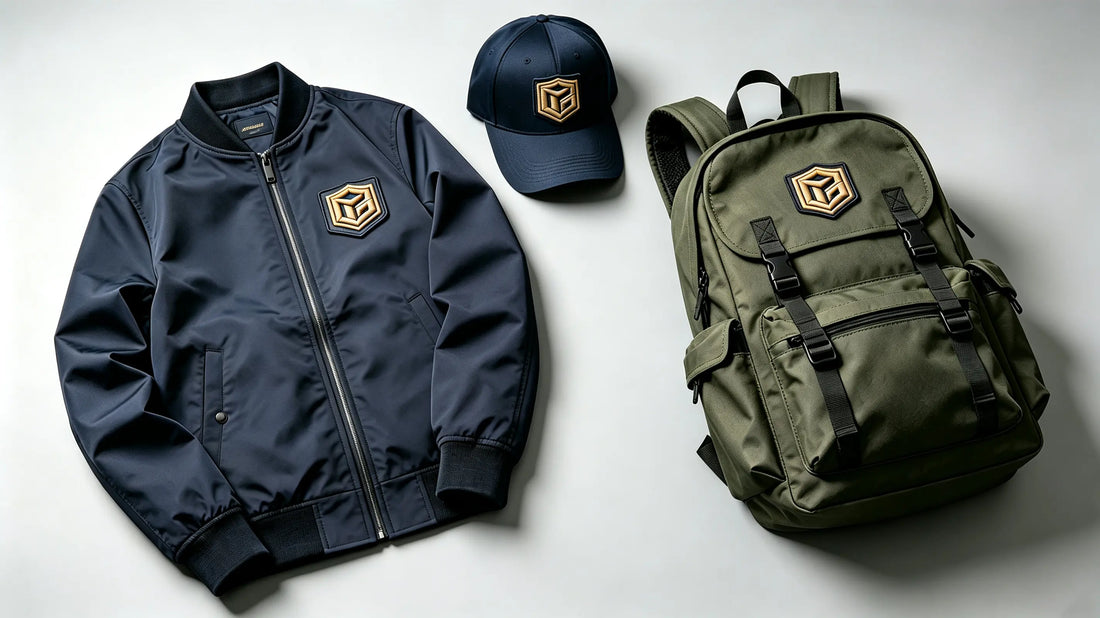 Premium brand 3D embroidered patches displayed on apparel, hats, and bags