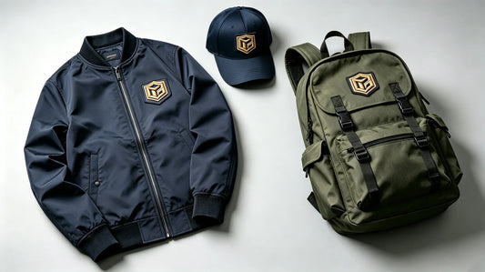 Premium brand 3D embroidered patches displayed on apparel, hats, and bags