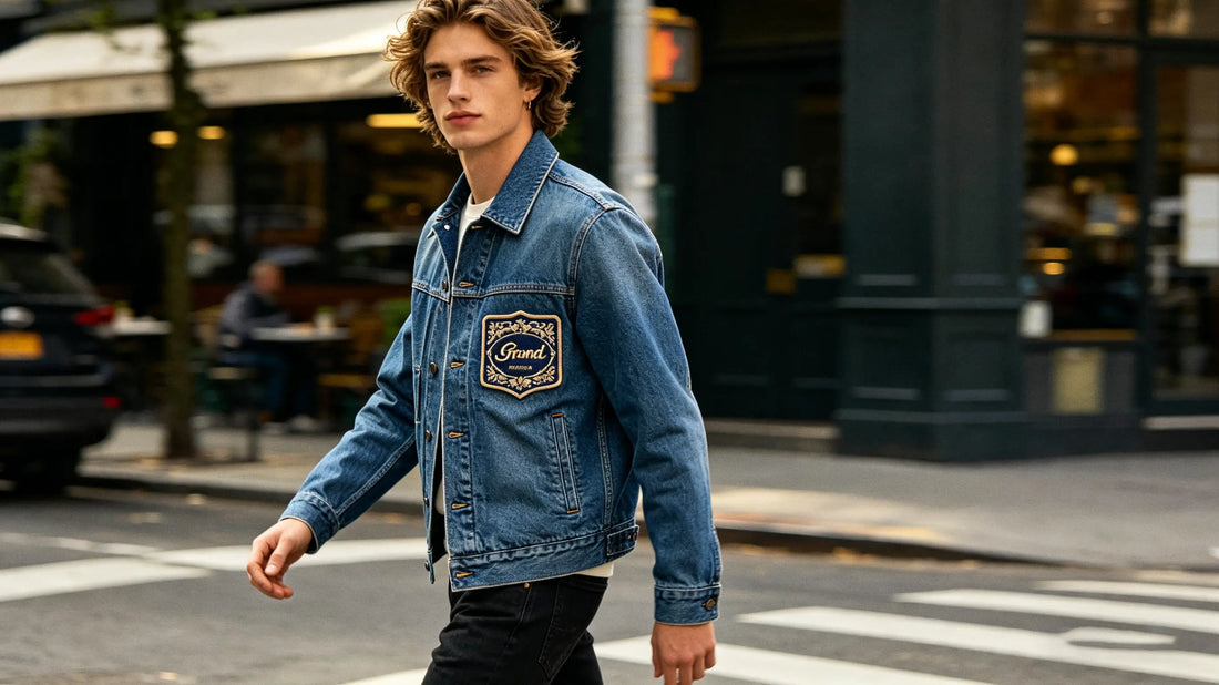 Customer wearing denim jacket with custom embroidered brand patch