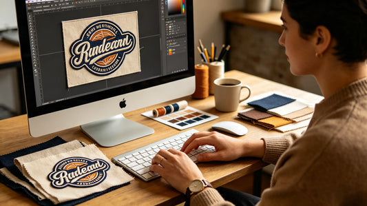 Designer editing brand logo custom embroidered patches on computer for brand identity