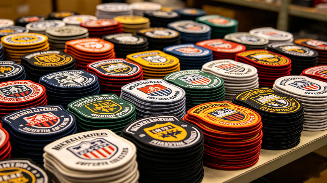 Bulk custom embroidered patches neatly stacked