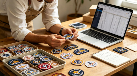 Worker checking bulk custom embroidered patches order details for wholesale