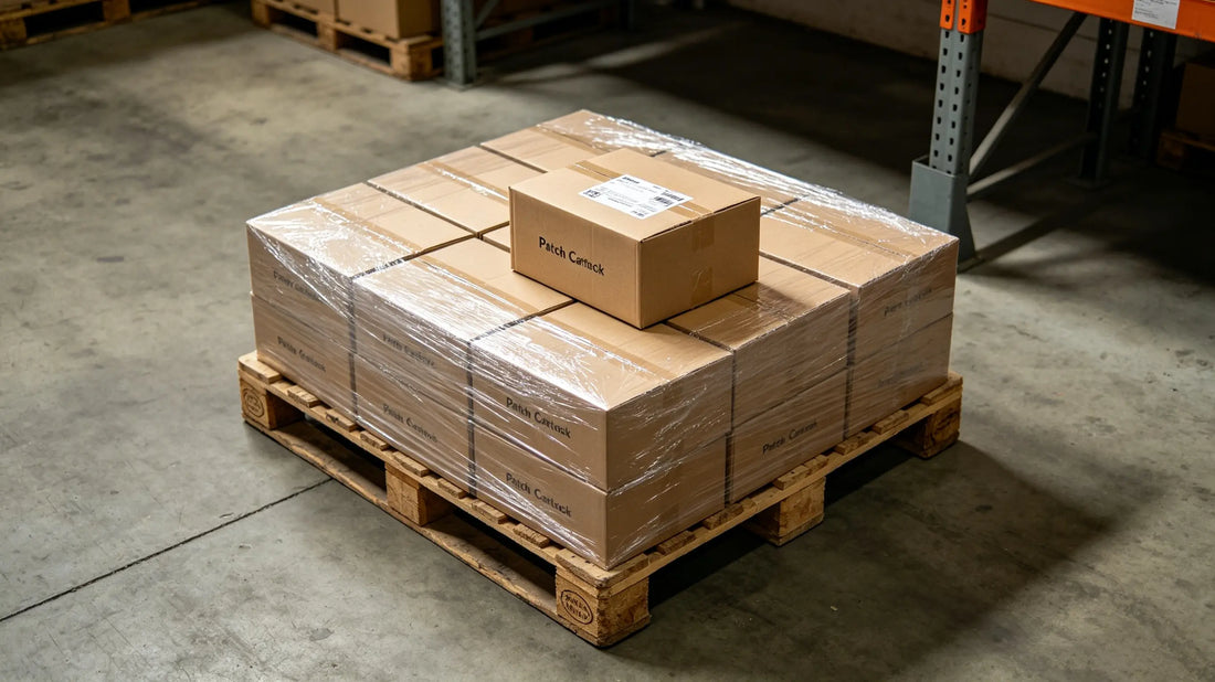 Finished patch cartons stacked on export wooden pallet ready for sea container loading