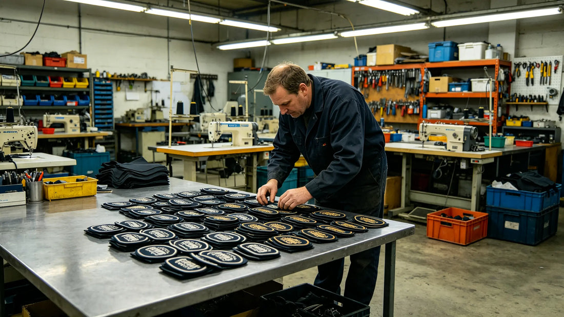Purchaser inspecting production line and finished goods inside patch factory workshop