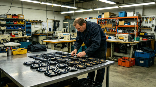 Purchaser inspecting production line and finished goods inside patch factory workshop