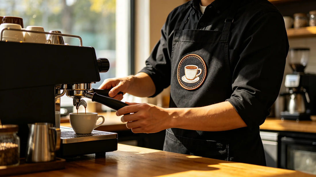 Thick 3D embroidered coffee shop badge on barista apron in real café workspace.