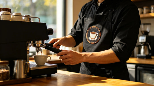 Thick 3D embroidered coffee shop badge on barista apron in real café workspace.
