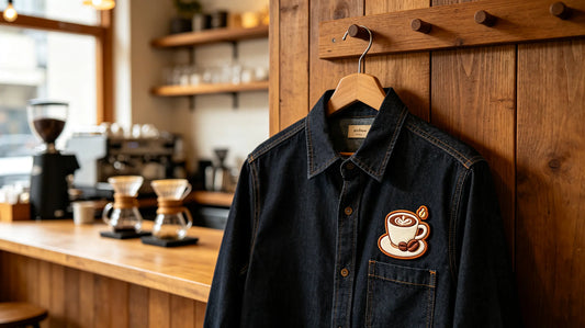 Clean linen barista apron with custom coffee shop 3D foam embroidered patch on chest