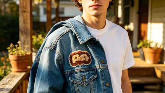 Classic chenille embroidered patch decorated on casual blue denim jacket daily wear