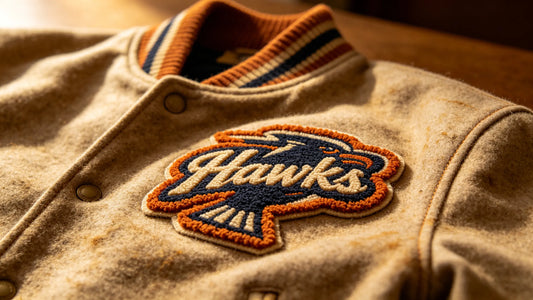 Vintage chenille patch on wool letterman jacket for classic collegiate style