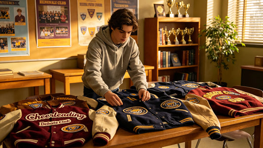 Varsity jackets with chenille patches in school activity room