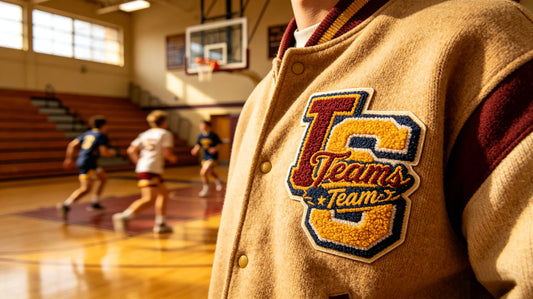 Soft chenille team patch on varsity sweater for high school sports