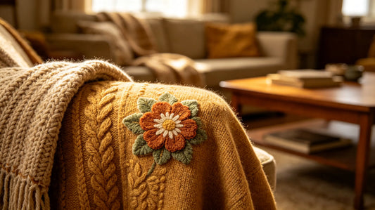 Fuzzy chenille floral patch on vintage sweater for nostalgic everyday wear