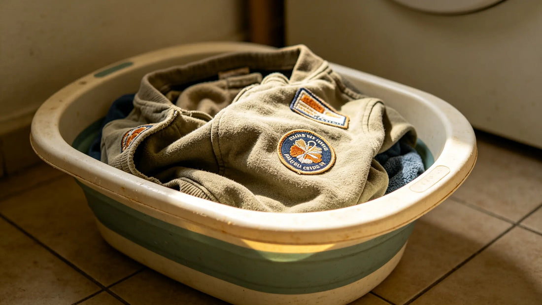 Garment with custom patch turned inside out ready for laundry protection