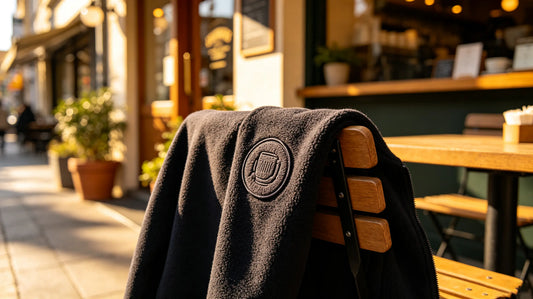 Sun‑lit cafe outdoor sidewalk seating, staff fleece jacket with raised 3D embroidered patch draped over wooden outdoor chair