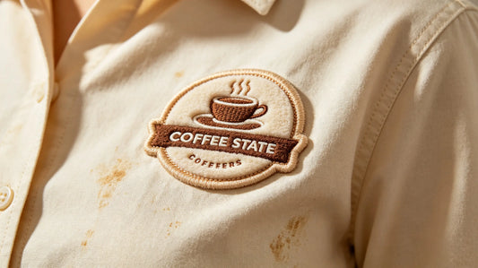 Close‑up of custom coffee shop 3D embroidered patch sewn onto warm cream barista shirt, soft café lighting