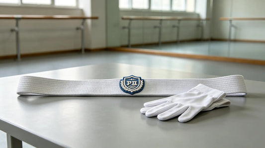 3D embroidered color guard patch sewn on performance uniform sash laid over dance practice floor