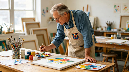 American art facilitator leans over art workbench, partial view of 3D embroidered patch on apron pocket
