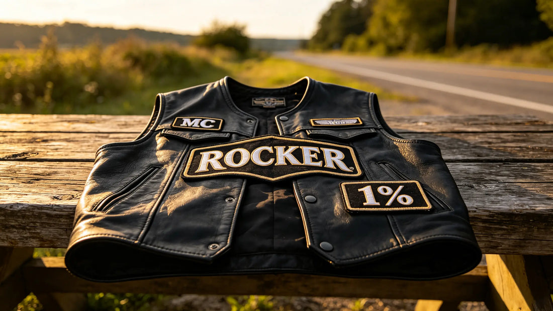Full leather biker vest decorated with top rocker, center logo and bottom rocker patches