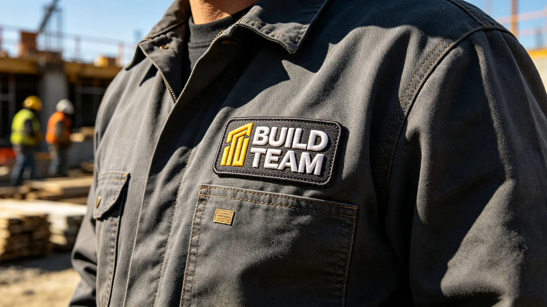 High-visibility construction logo 3D puff embroidery patch sewn on left chest of dark grey industrial work jacket, construction site background.