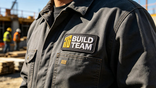 High-visibility construction logo 3D puff embroidery patch sewn on left chest of dark grey industrial work jacket, construction site background.