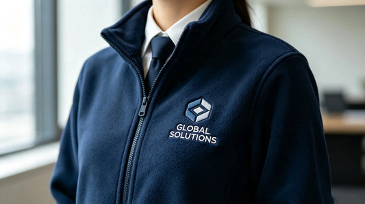 Sleek company logo 3D puff embroidery patch sewn on navy corporate fleece jacket, bright office background.