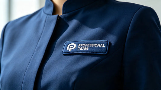 Professional 3D puff embroidery company logo patch sewn on formal corporate work uniform chest.