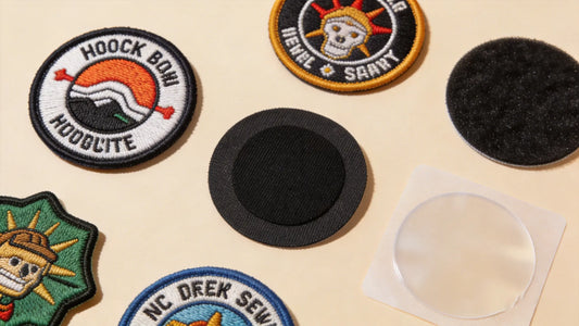 Comparison of custom embroidered patches with iron-on, hook & loop, sew-on, and self-adhesive backings