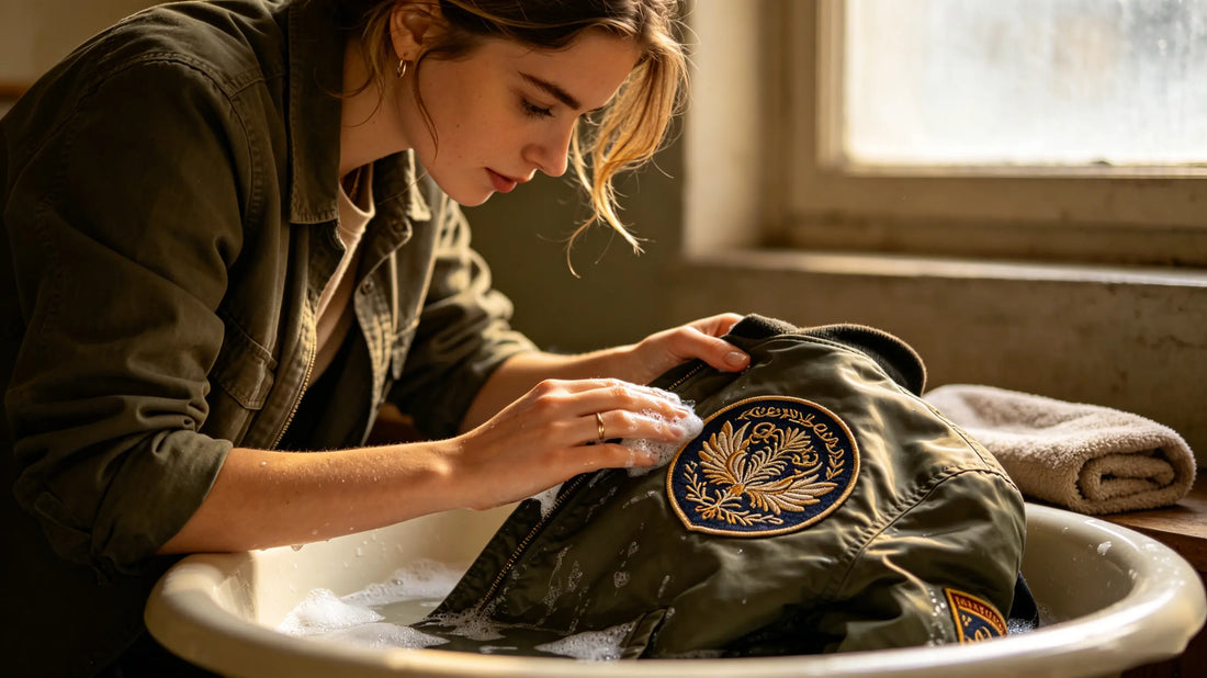 Hand washing jacket with custom embroidered patch