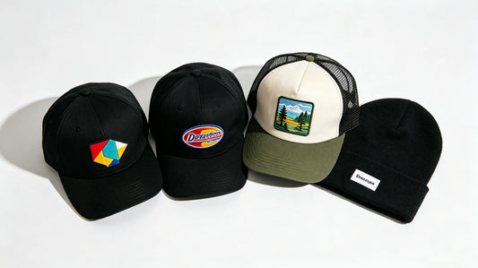 Various custom patches on different hat styles