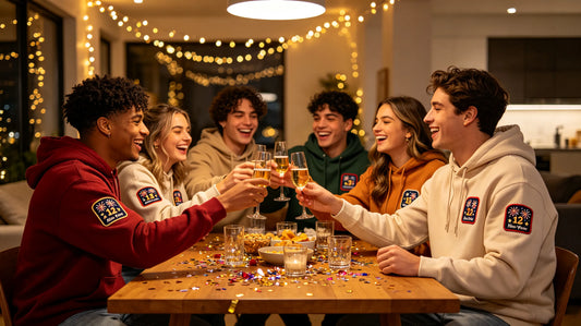 Group of young adults celebrating New Year’s Eve indoors, with custom embroidered New Year patches on casual hoodies under warm string lights.