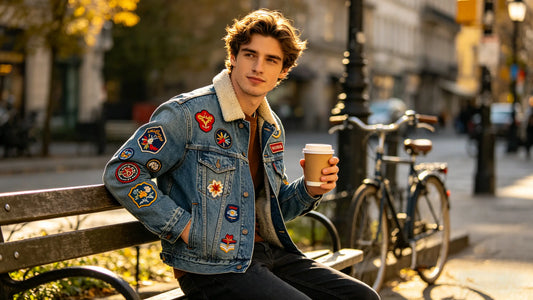 European male wearing custom embroidered patch denim jacket for daily outdoor street style