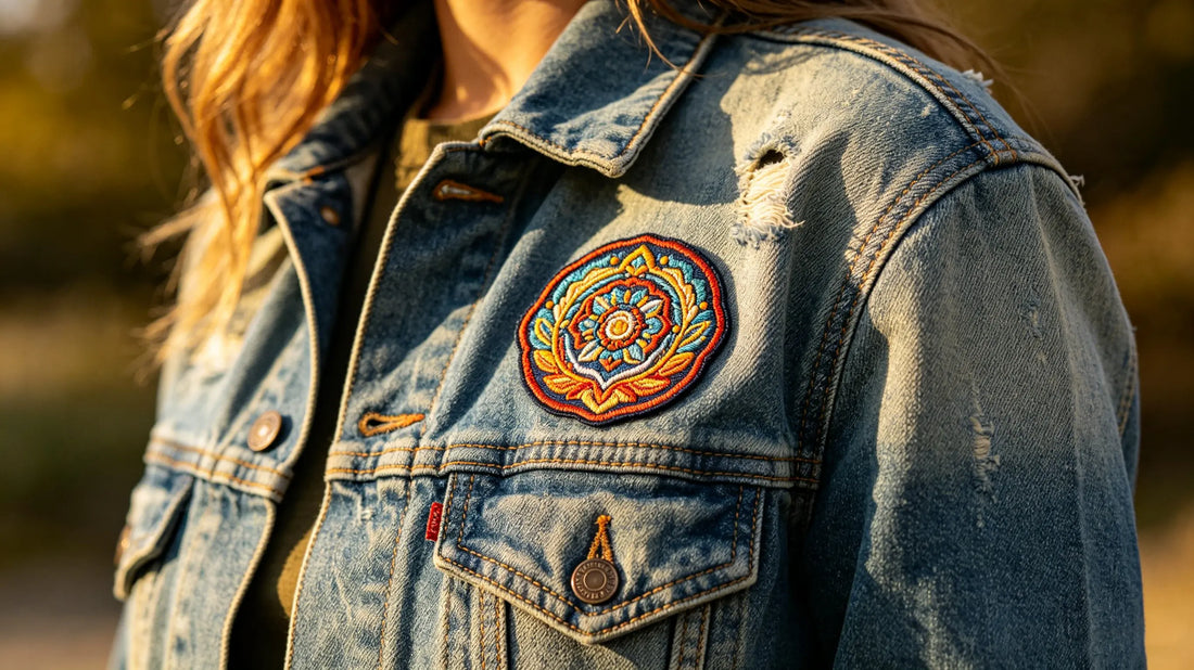3.5-inch custom embroidered patch on denim jacket chest