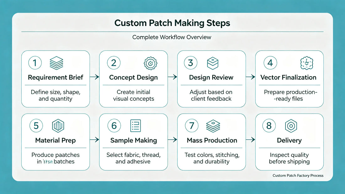 Visual workflow timeline from artwork submission to finished delivered custom patches
