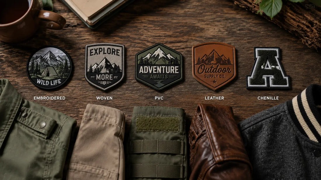 Comparison of 5 custom patches materials with corresponding garments on home table