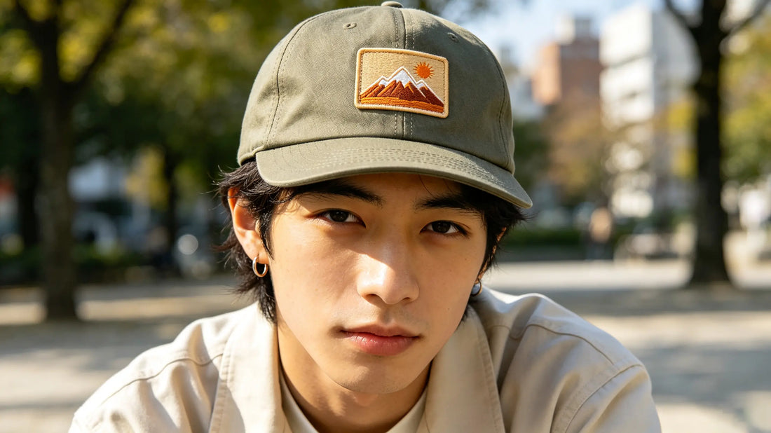 Baseball cap with custom embroidered patch positioned on the front‑center panel