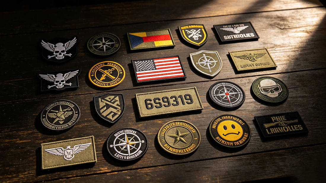 Wide selection of different custom‑designed morale patches laid out for comparison