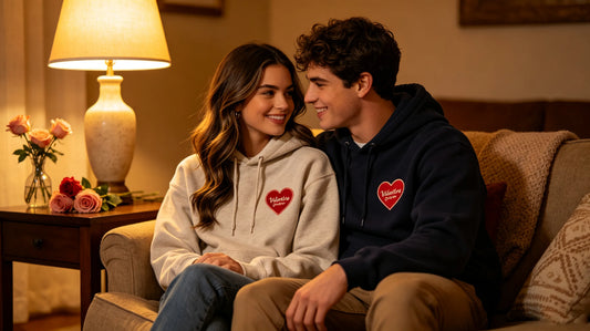 Young american couple wearing matching hoodies decorated with custom embroidered valentine patches inside cozy romantic living room