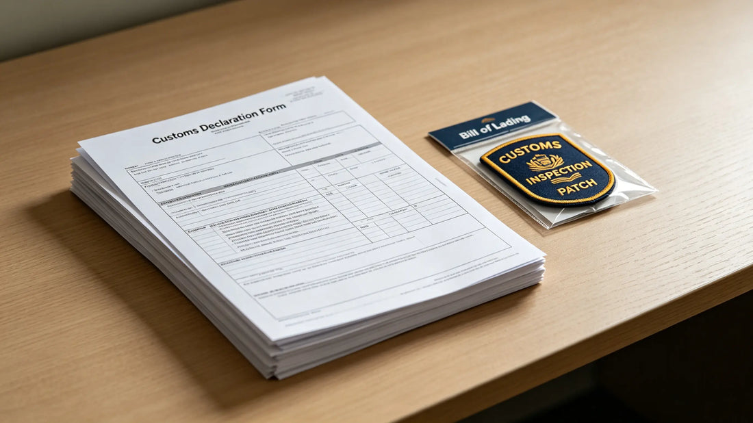 Customs commercial invoice and packing list documents laid beside patch sample parcel