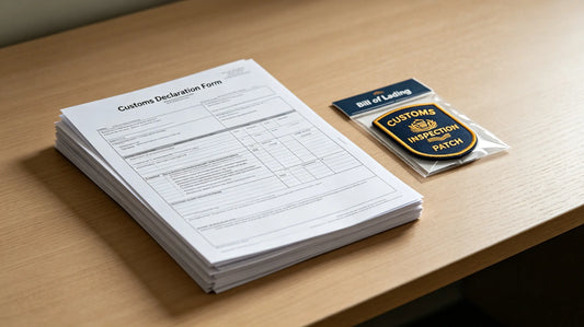 Customs commercial invoice and packing list documents laid beside patch sample parcel