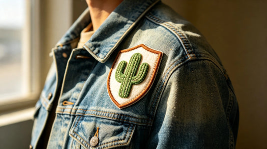 Vintage western 3D puff embroidered patch attached on the shoulder of washed denim jacket, lifestyle apparel close-up.