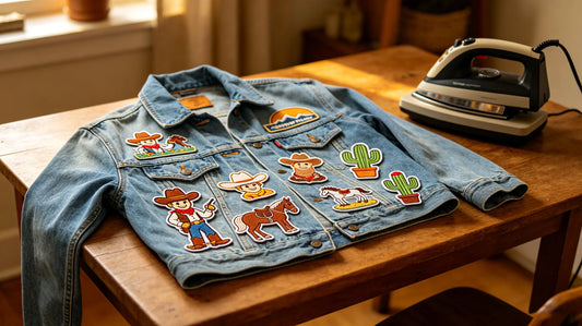 Laying custom iron on patches on denim jacket for DIY decoration