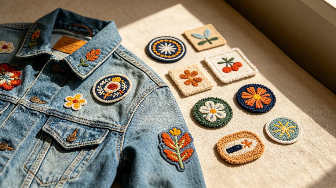 Denim jacket and assorted custom patches for layout planning