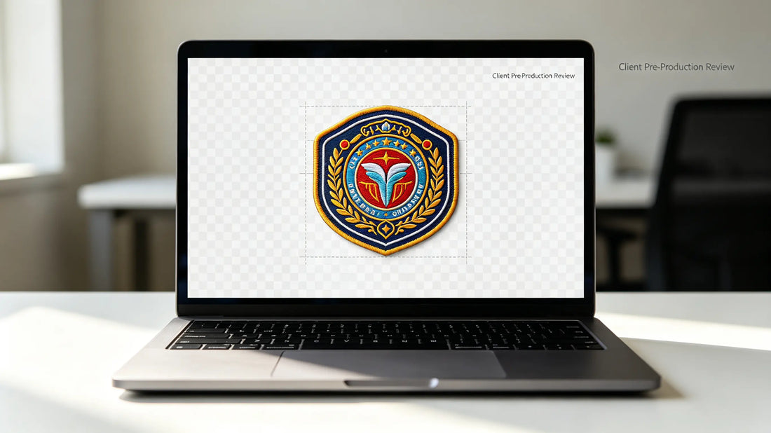 Designer sending digital custom patch mockup draft for customer online confirmation